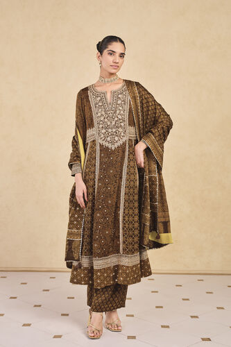 Marfa Ajrakh Hand-block Printed Silk Suit Set - Olive, Olive, image 1